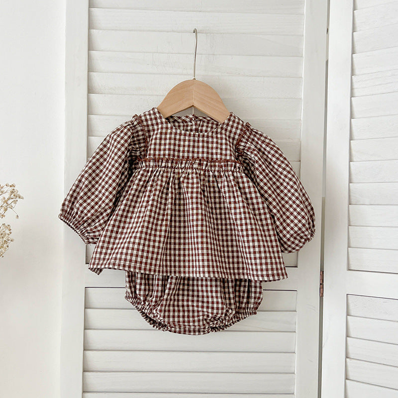 Autumn Hot Selling Baby Girls Long Sleeves Plaid Top Dress And Bloomer Clothing Set